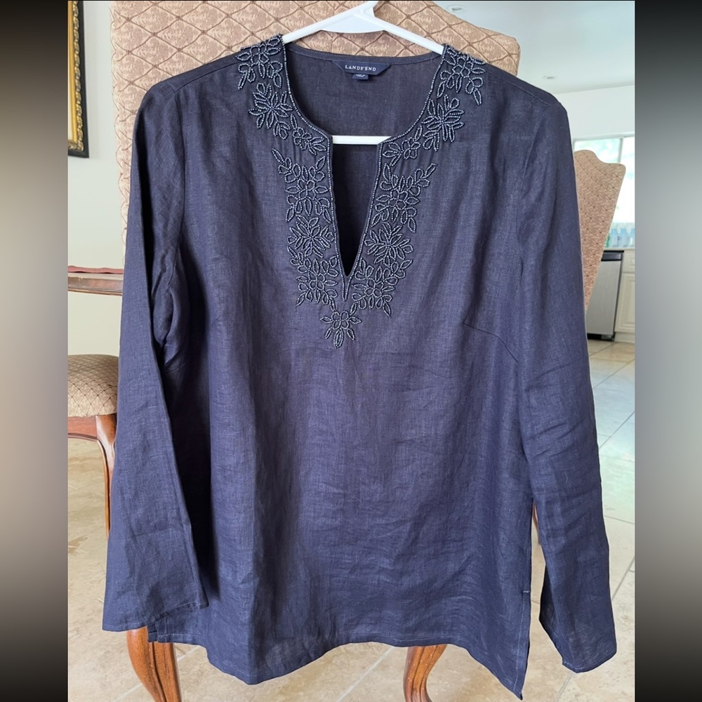 LANDS’ END Bead-Embellished Navy Linen V Neck Resort Vibe Top Small EUC
